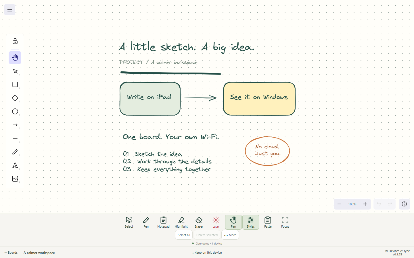 Actual PairInk desktop interface showing a sample sketch and drawing tools